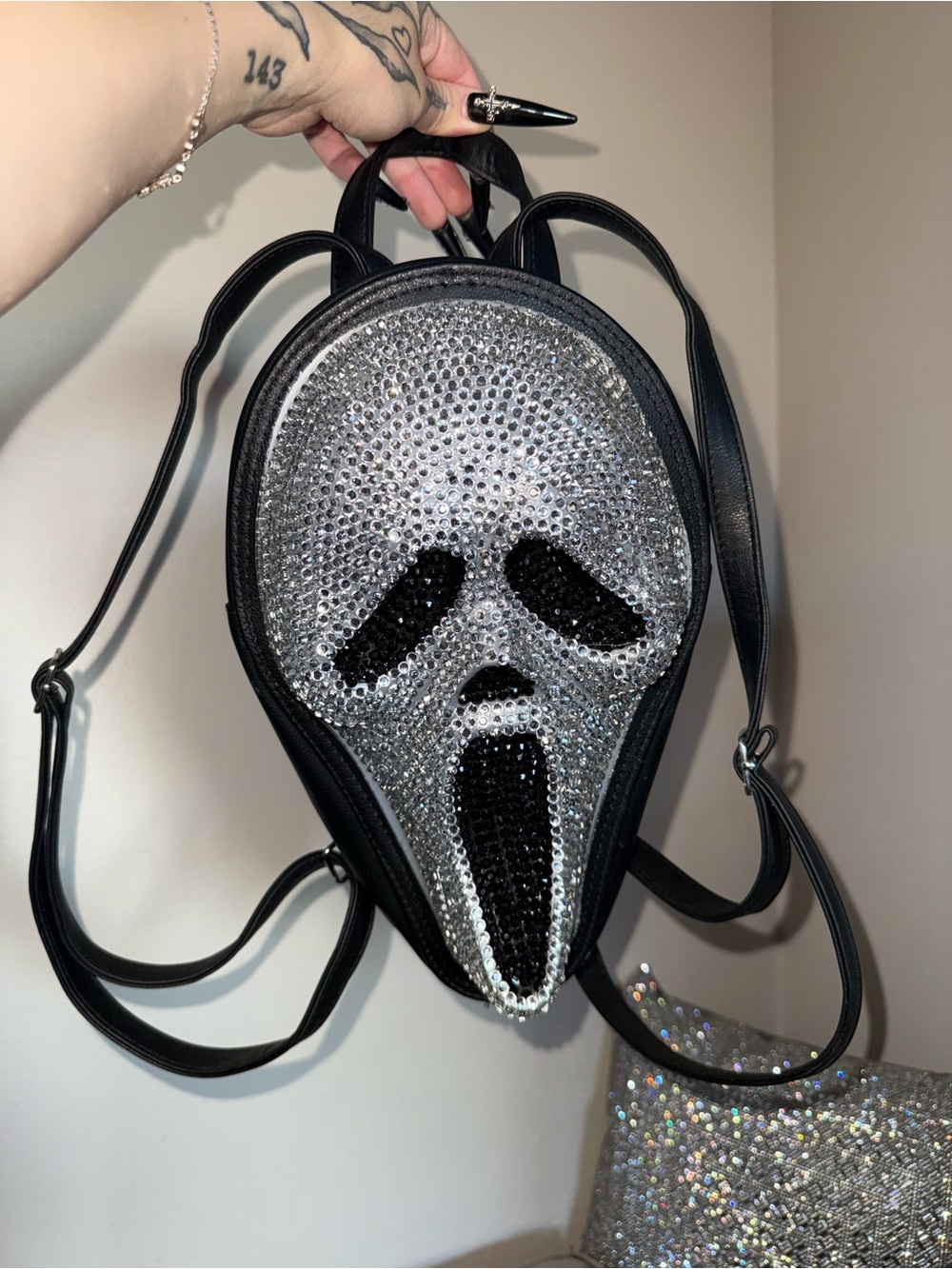Halloween Black Sequin Skull Face Crossbody Backpack